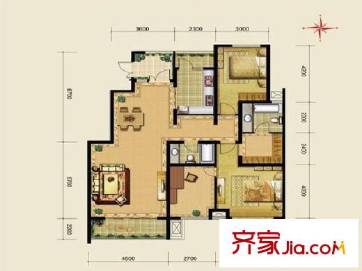 北京风景三期E户型 3室2厅2卫1厨