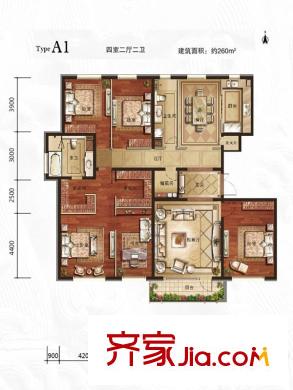 万年生态城・园博府A1户型图 4室2厅2卫1厨