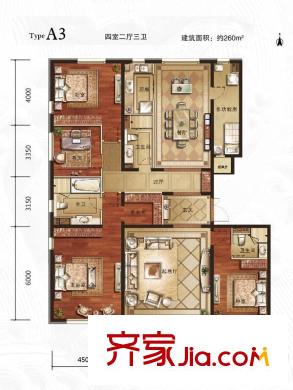 万年生态城・园博府A3户型图 4室2厅3卫1厨