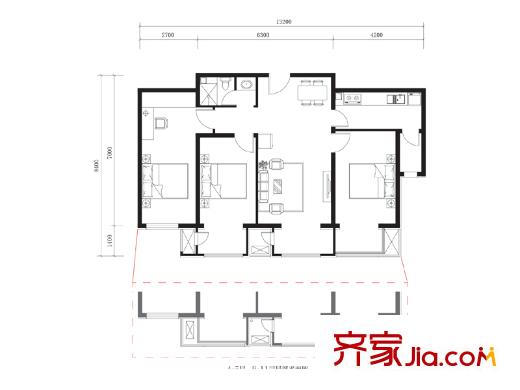 红杉公馆11#楼F户型 3室2厅1卫1厨