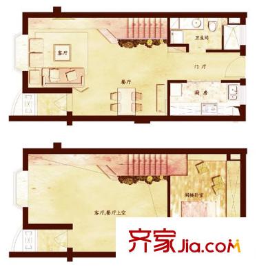 品臻國際公寓戶型圖52#B戶型圖 1室2廳1衛(wèi)1廚