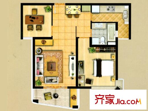 翡翠公馆A2户型83平 2室2厅1卫1厨