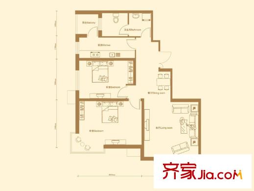 京洲世家4号楼C户型 2室2厅2卫1厨