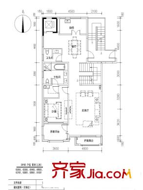 汇航桃园一期C0102户型 1室2厅2卫1厨