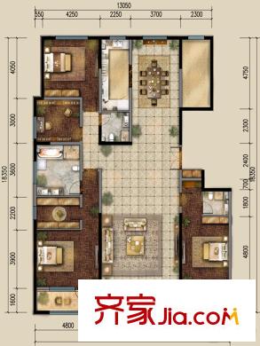 保利海德公园一期6#楼高层E户型 4室2厅3卫1厨
