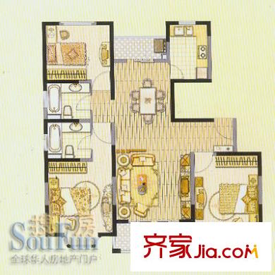 連城新苑戶型圖F戶型 3室2廳2衛(wèi)1廚