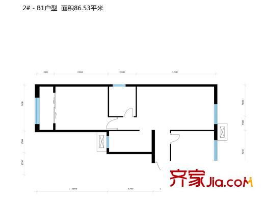 蔚平方米府一期2#楼B1户型 2室1厅1卫1厨