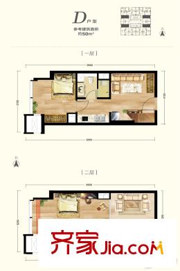 首开万科台湖新城・V公馆二期1号楼D户型 2室1厅1卫1厨