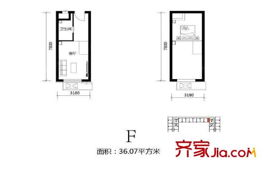 北京城建・N次方21#综合楼F户型(售罄) 1室1厅1卫1厨