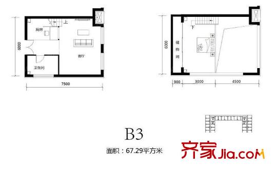 北京城建・N次方21#综合楼B3户型(售罄) 1室1厅1卫1厨