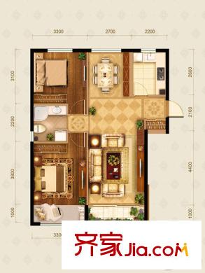 通州万达广场D区2号楼F户型 2室2厅1卫1厨