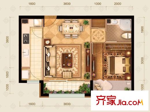 通州万达广场D区1号楼A 户型 1室1厅1卫1厨