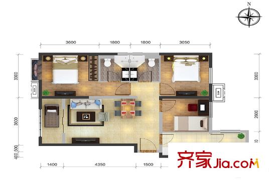 富力惠兰美居三居户型 3室2厅2卫1厨