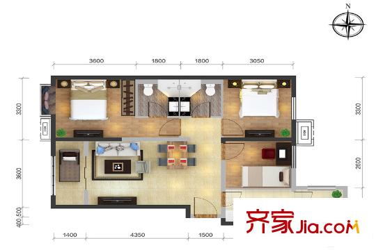 富力惠兰美居三居户型 3室2厅2卫1厨
