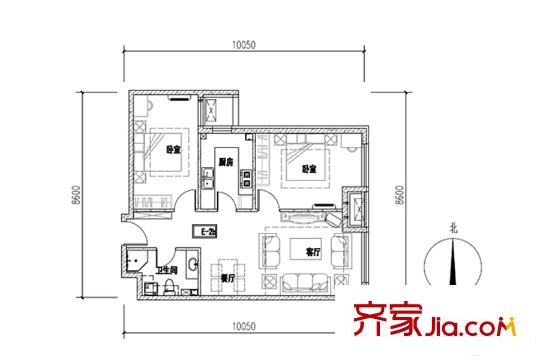 润景园3#、8#楼E-2b户型 2室2厅2卫1厨
