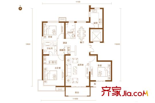 首开・熙悦山澜庭忻・悦140平米3居户型图 3室2厅2卫1厨