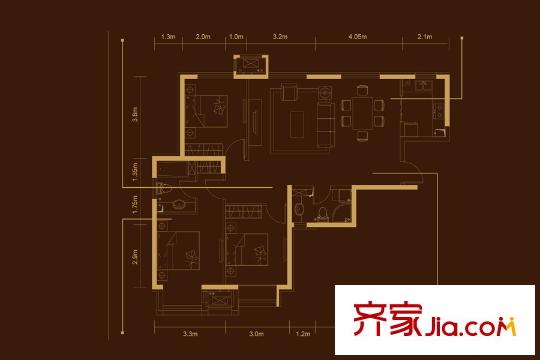 中建国际公馆A户型 3室2厅2卫1厨