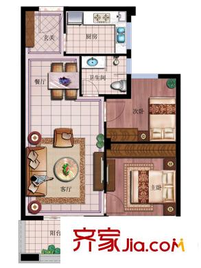 交通紫園D2戶型 2室2廳1衛(wèi)1廚