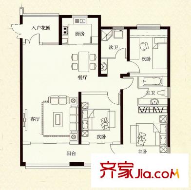 杭州灣世紀(jì)城清芷園E戶型12#16#20#01戶型 3室2廳2衛(wèi)1廚
