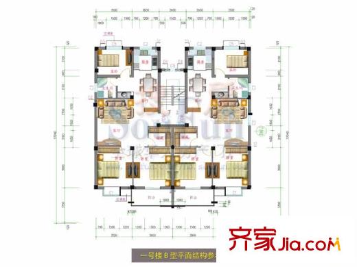 圓峰名居戶型圖一號樓B型平面結構圖 2室2廳1衛(wèi)1廚
