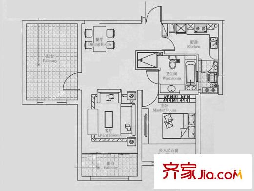 智富中环尚城 E户型85-88平米 2室2厅1卫1厨