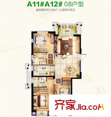金輝淮安國(guó)際住區(qū)A11#A12#08戶型109平方米 3室2廳2衛(wèi)