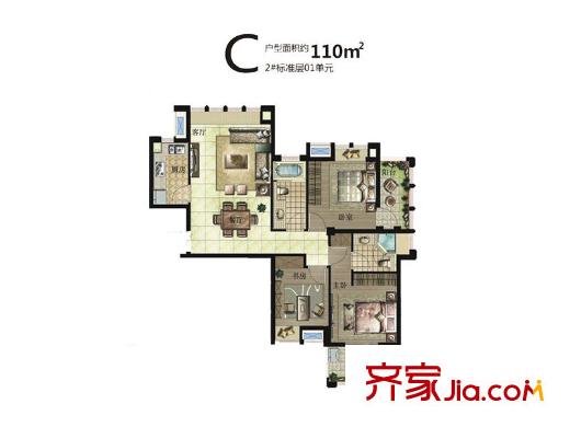 永嘉天地2號樓標(biāo)準(zhǔn)層1單元C戶型 3室2廳2衛(wèi)1廚