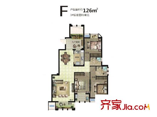 永嘉天地3號樓標(biāo)準(zhǔn)層1單元F戶型 3室2廳2衛(wèi)1廚