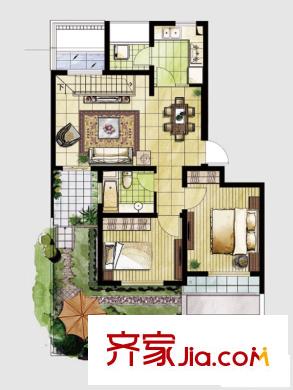 臨港藍色城邦戶型圖C1戶型一樓(1樓帶地下室) 2室2廳1衛(wèi)1廚
