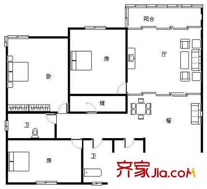 恒陇丽晶公寓 3室 户型图