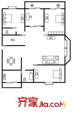 廣播電視局宿舍 3室 戶型圖
