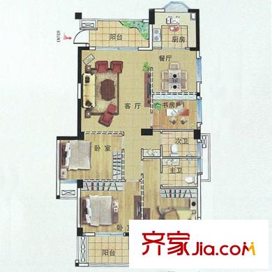 中勝財富天下戶型圖C4戶型3d模型129平米 3室2廳2衛(wèi)1廚