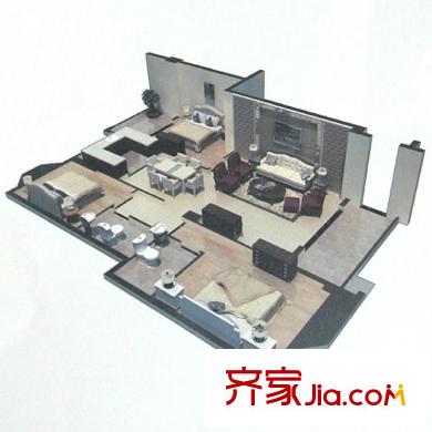 中勝財(cái)富天下戶型圖A1戶型3d模型118平米 3室2廳2衛(wèi)1廚