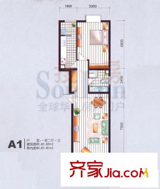 11STATION户型图A1户型 1室2厅1卫1厨