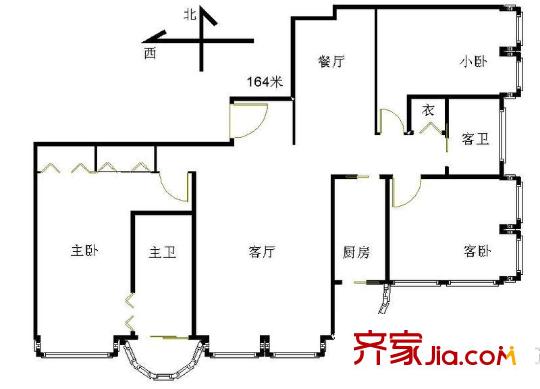 凯旋城户型图8.1-03-164平米 3室2厅2卫1厨