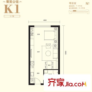 上东8号北楼K1户型 1室1卫1厨
