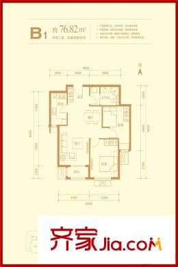 中国铁建通瑞嘉苑8、10号楼B1户型 2室1厅1卫1厨