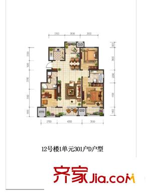 首开香溪郡D户型 3室2厅1卫1厨