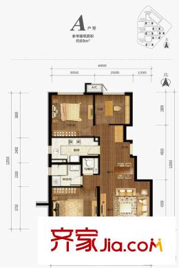 首开万科城市之光2#A户型 3室2厅1卫1厨
