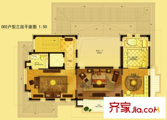 燕西华府DD2大独栋三层户型图 3室2厅3卫1厨