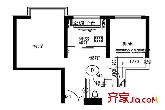 丽都十号D户型 1室1厅1卫1厨