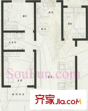 燕京新城户型图B型 3室2厅1卫1厨