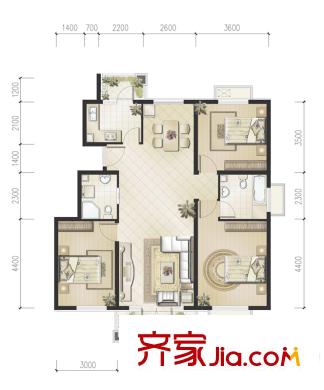 恒华安纳湖北区3居户型 3室2厅2卫1厨