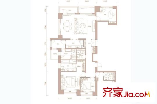 通州富力中心一期A1、A2、A3、A5#E户型 4室2厅4卫1厨
