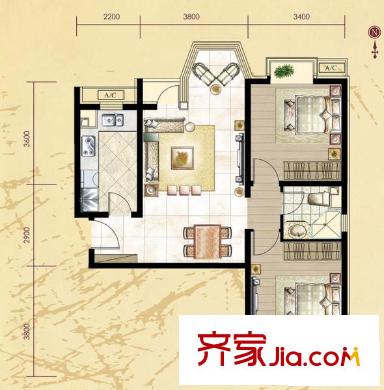 珠江拉维小镇户型图A-2户型 2室2厅1卫1厨