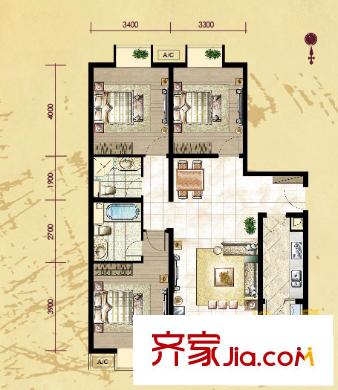 珠江拉维小镇户型图B-1户型 3室2厅2卫1厨