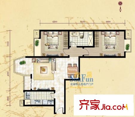 珠江拉维小镇户型图B-3户型 2室2厅1卫1厨
