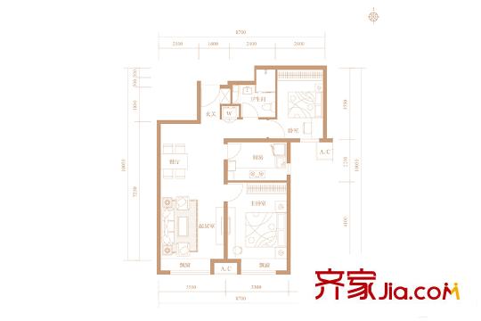 京投银泰万科西华府三期2#楼B1户型图 2室2厅1卫1厨