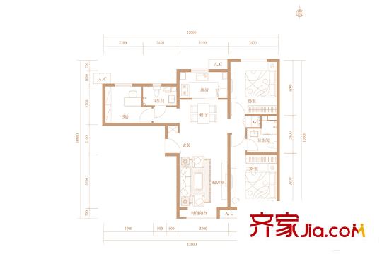 京投银泰万科西华府三期2#楼A1反户型图 3室2厅2卫1厨