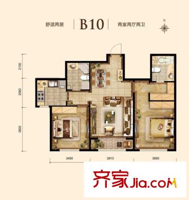 胜古誉园b10-01户型 2室2厅2卫1厨